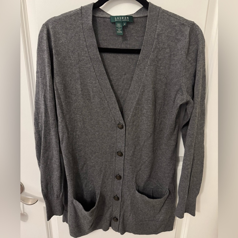 Lauren Ralph Lauren Grey Cardigan Sweater, Cotton, Cashmere, Horse Buttons, M